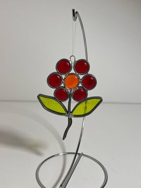 Vintage Funky Orange Red Flower Floral Suncatcher Stained Glass Piece